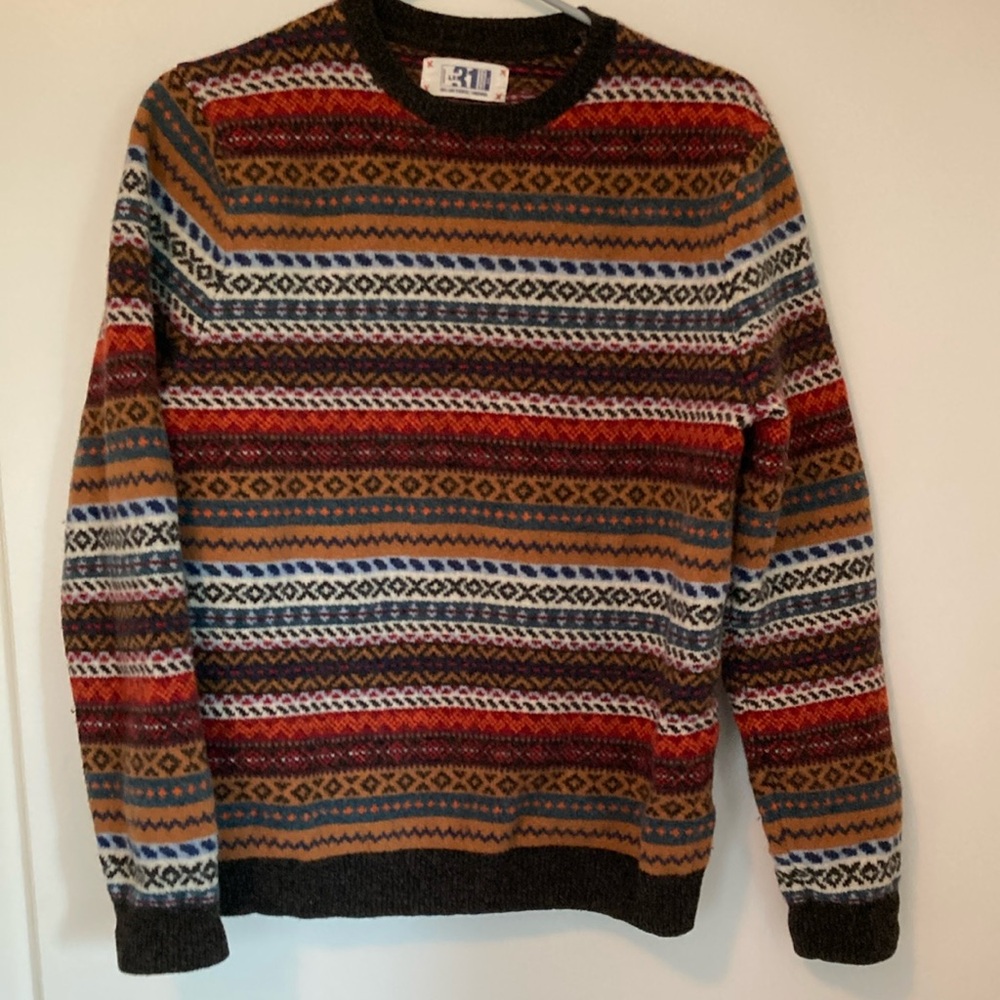 Simons Red and Brown Crewneck Sweater with Fair Isle Patterns